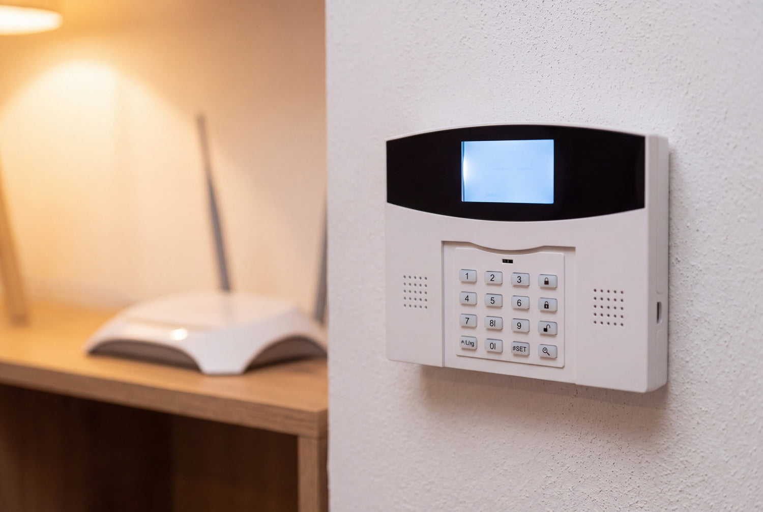 Klawiatura alarmu bezprzewodowego na ścianie, router WiFi w tle
