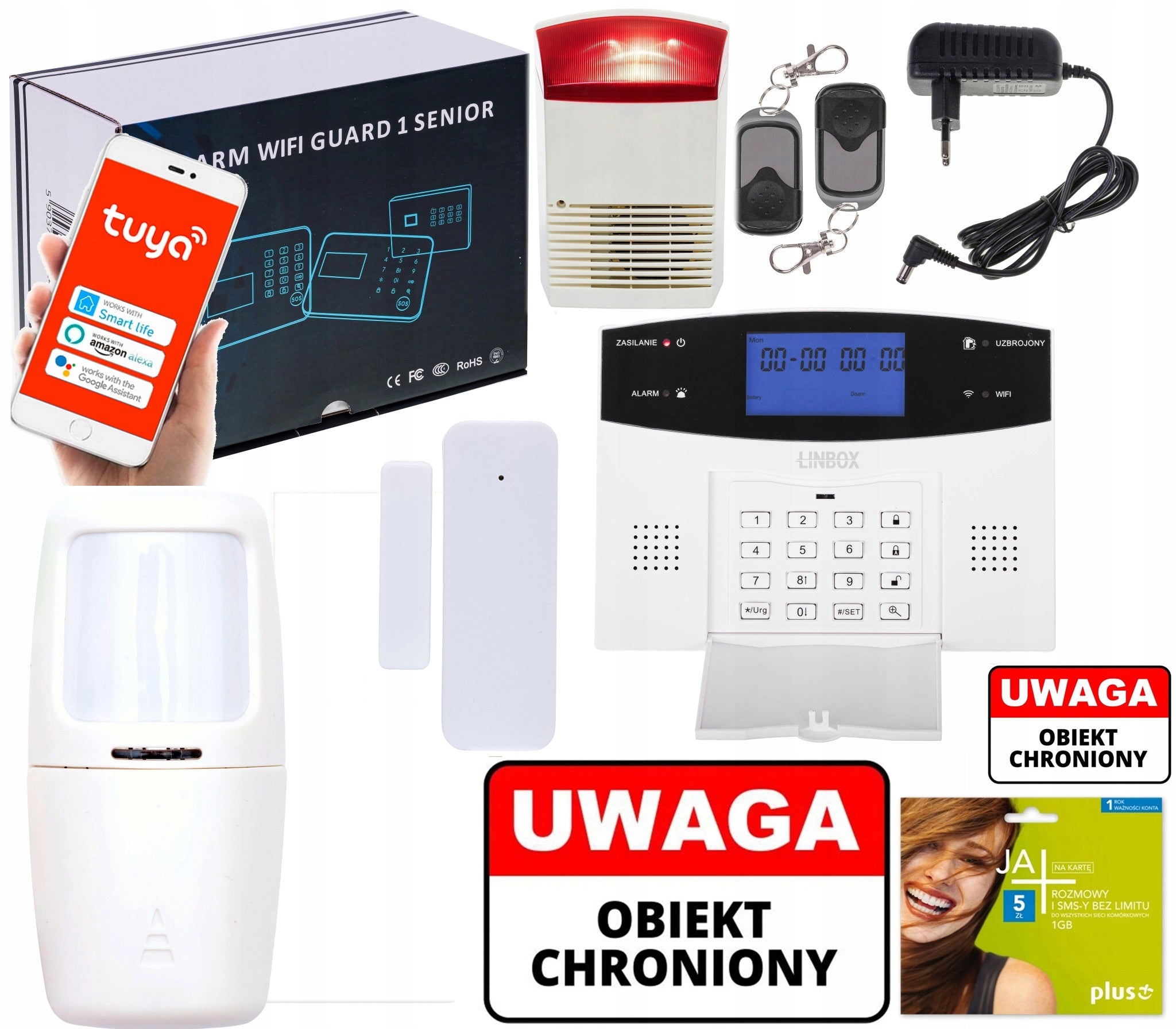 Bezprzewodowy alarm LCD GSM APP WIFI GSM polski duża głośna syrena