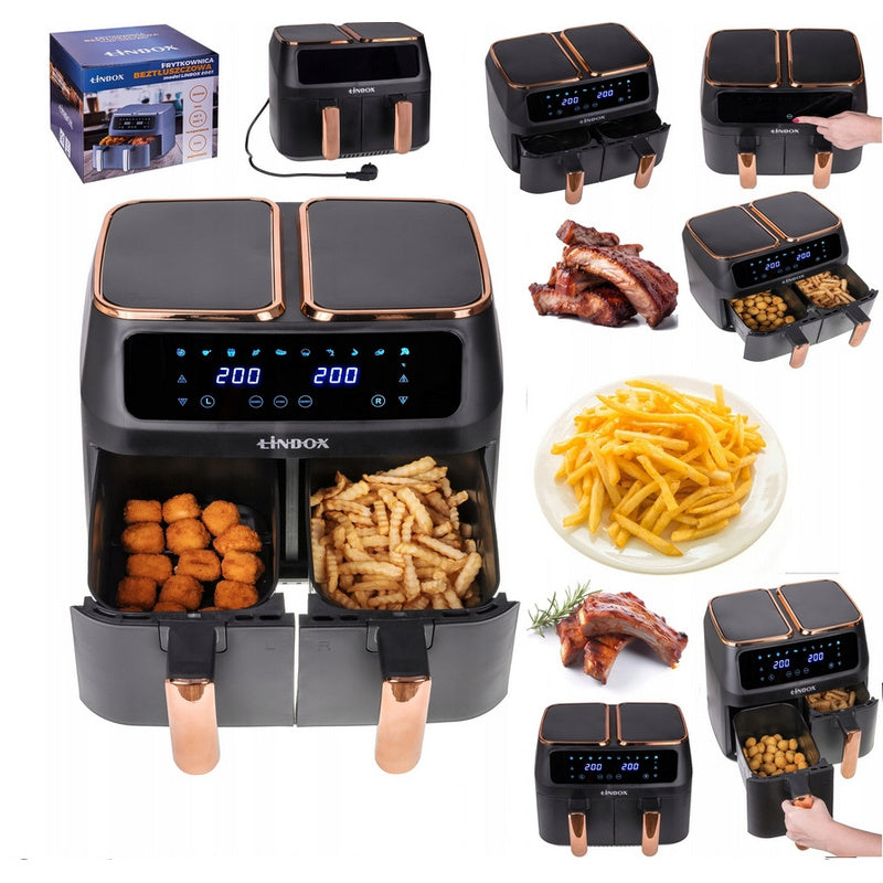 Duża frytkownica beztłuszczowa AIR fryer 2x 4L 2800W na dwa kosze 8L czarna