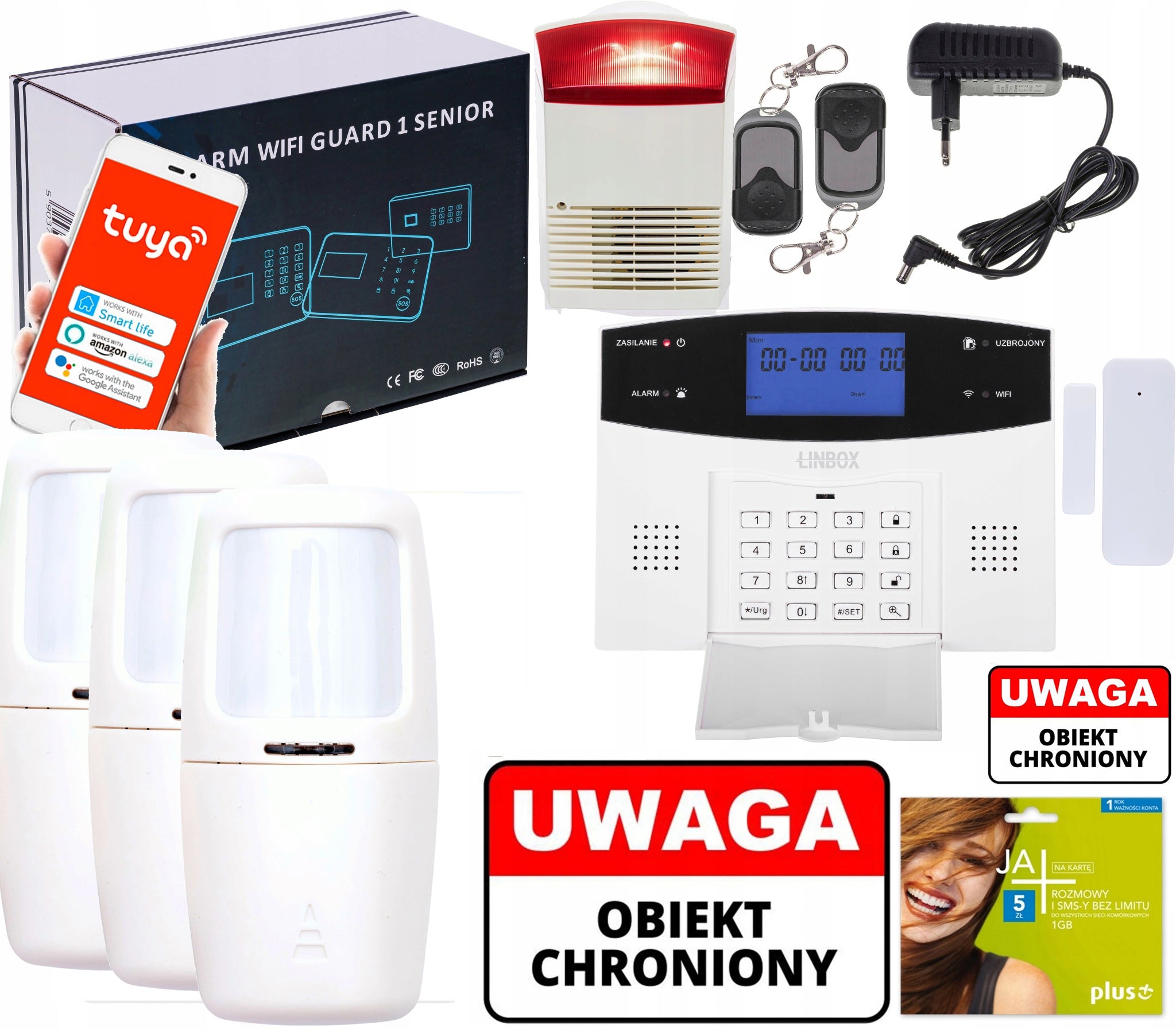 Bezprzewodowy alarm LCD GSM APP WIFI GSM polski duża głośna syrena