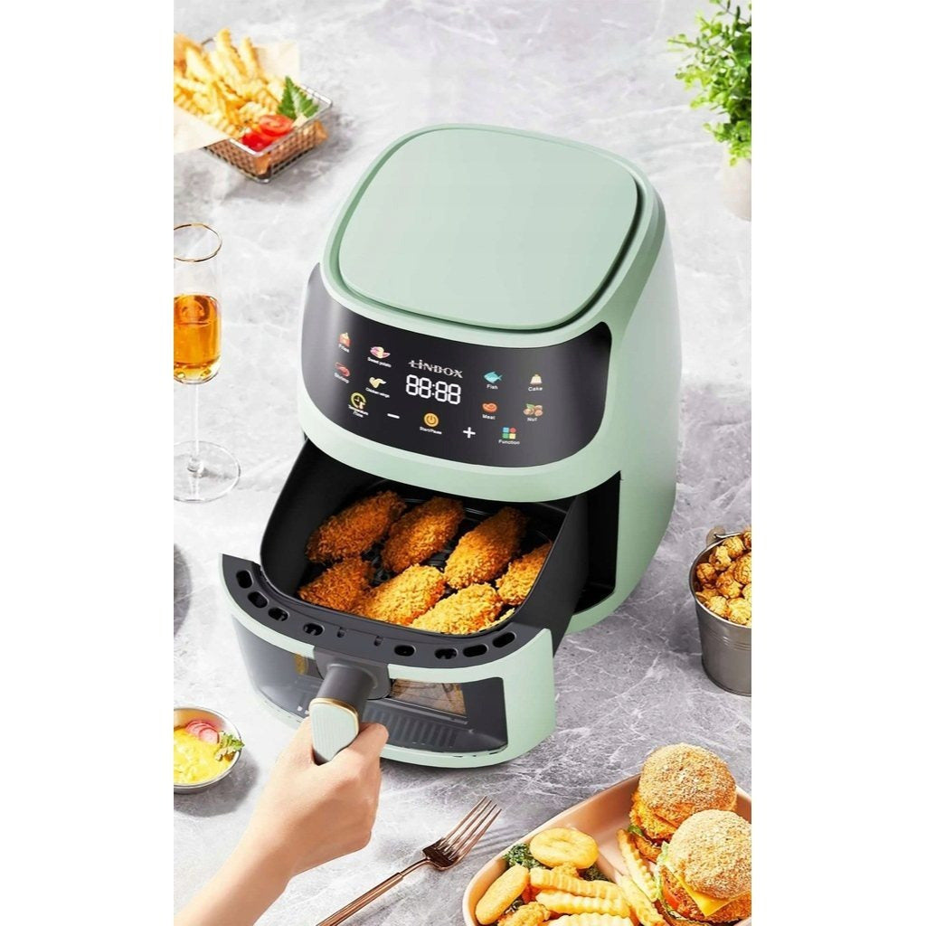 Frytkownica beztłuszczowa AIR fryer 5L/1400W zielona polskie kolorowe MENU podgląd przez okienko