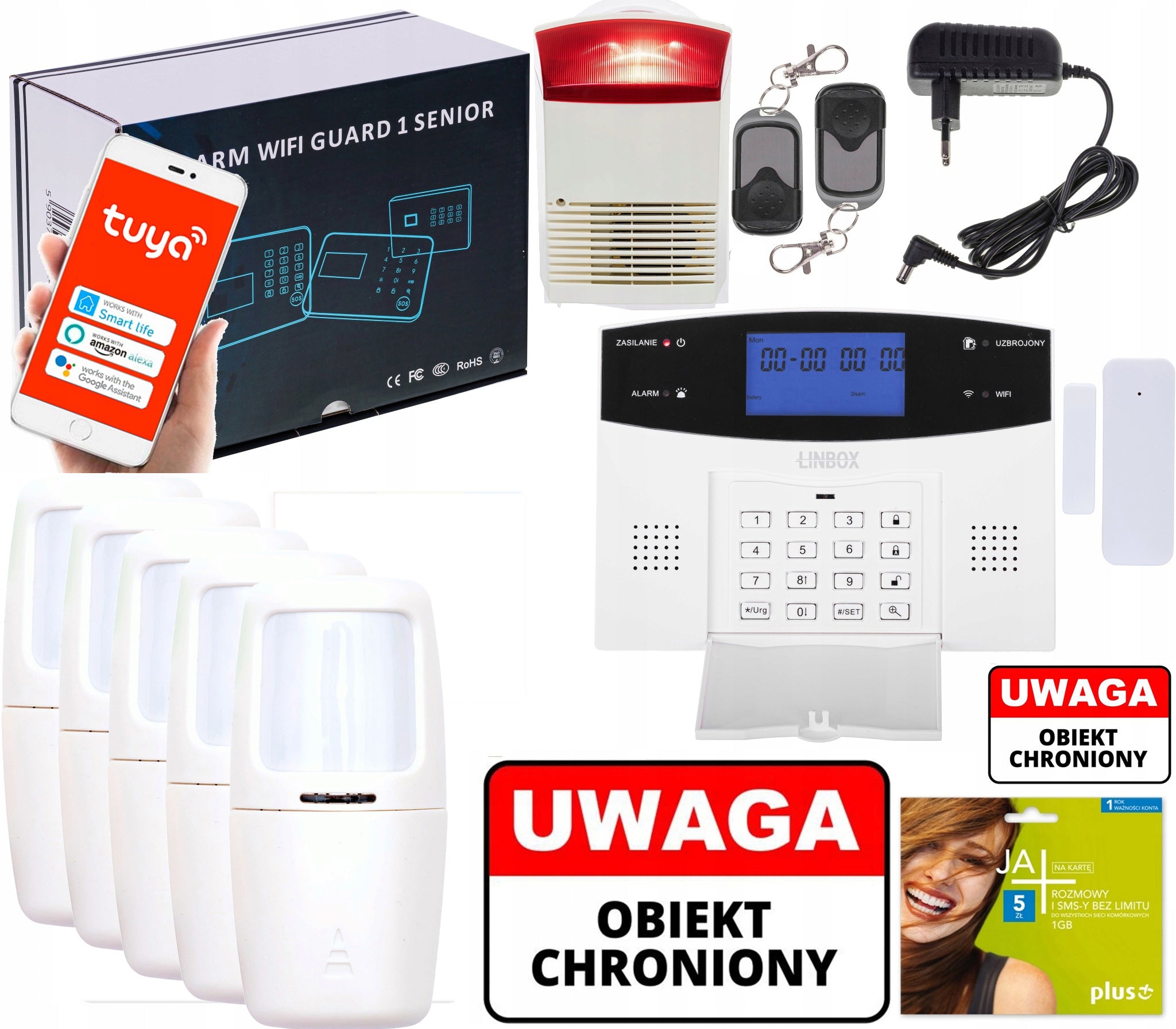 Bezprzewodowy alarm LCD GSM APP WIFI GSM polski duża głośna syrena
