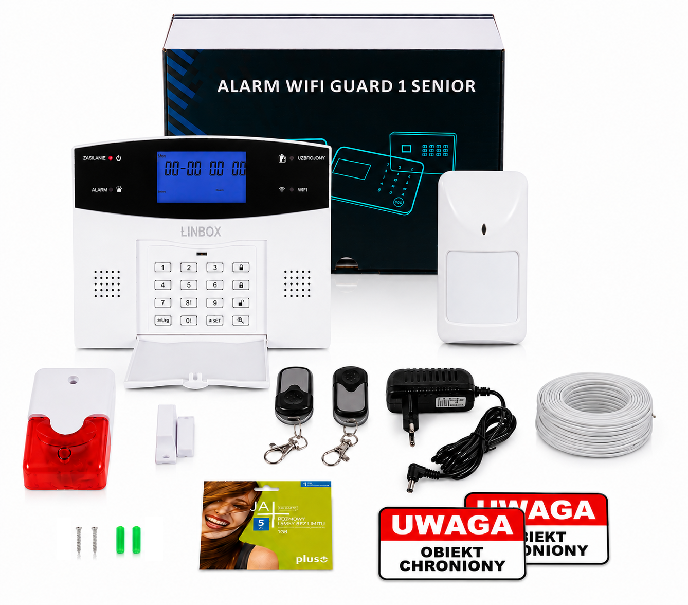 Przewodowy alarm Guard 1 senior LCD GSM WIFI Tuya 1 czujka przewodowa obsługa przez GSM i WIFI
