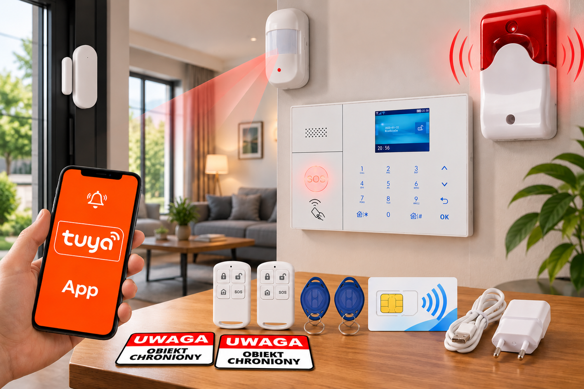 Alarm GSM SL-108 WiFi Tuya – zestaw alarmowy 1 czujka PIR, czujka drzwi, syrena, 2 piloty