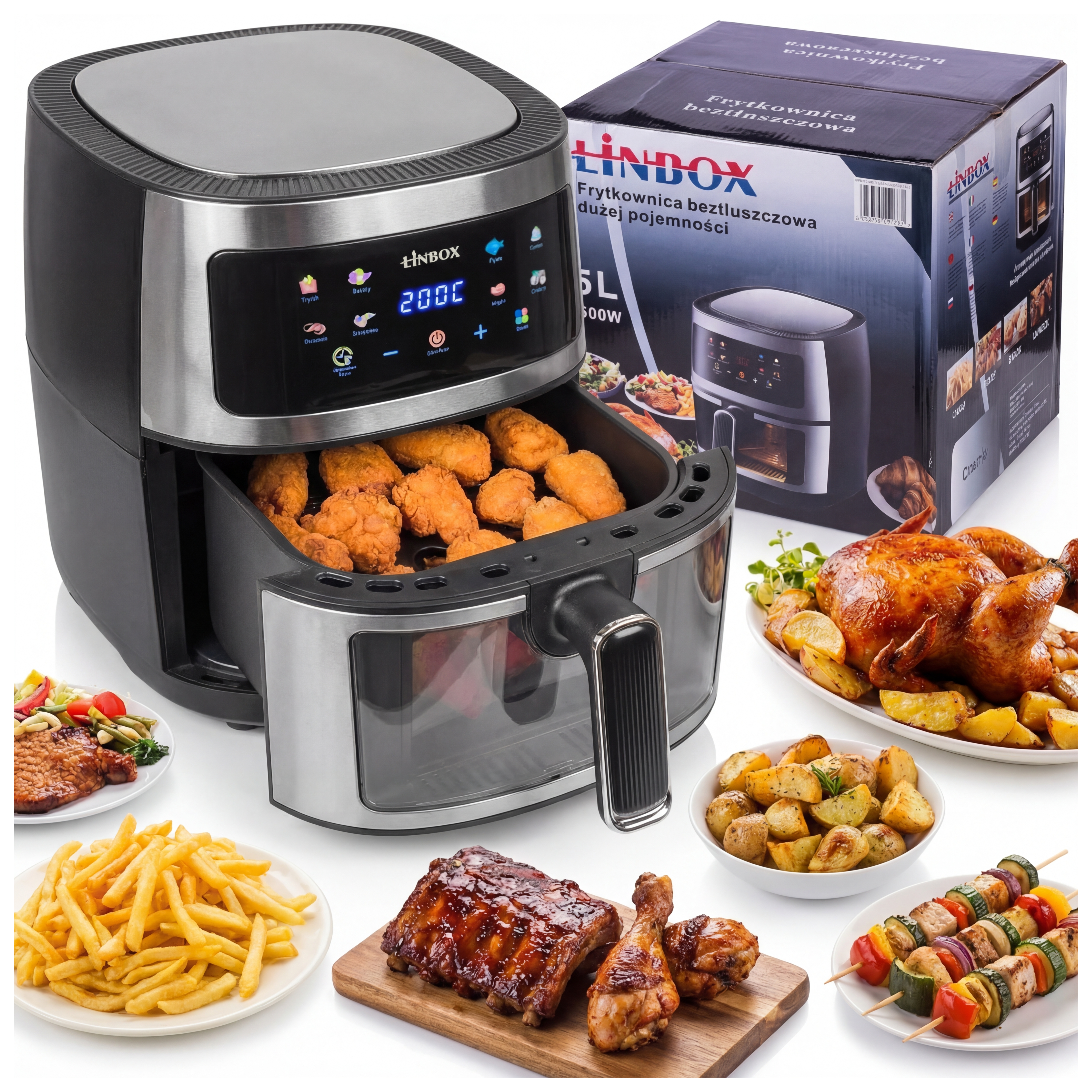 Frytkownica beztłuszczowa AIR fryer 5L/1600W INOX polskie kolorowe MENU podgląd przez okienko