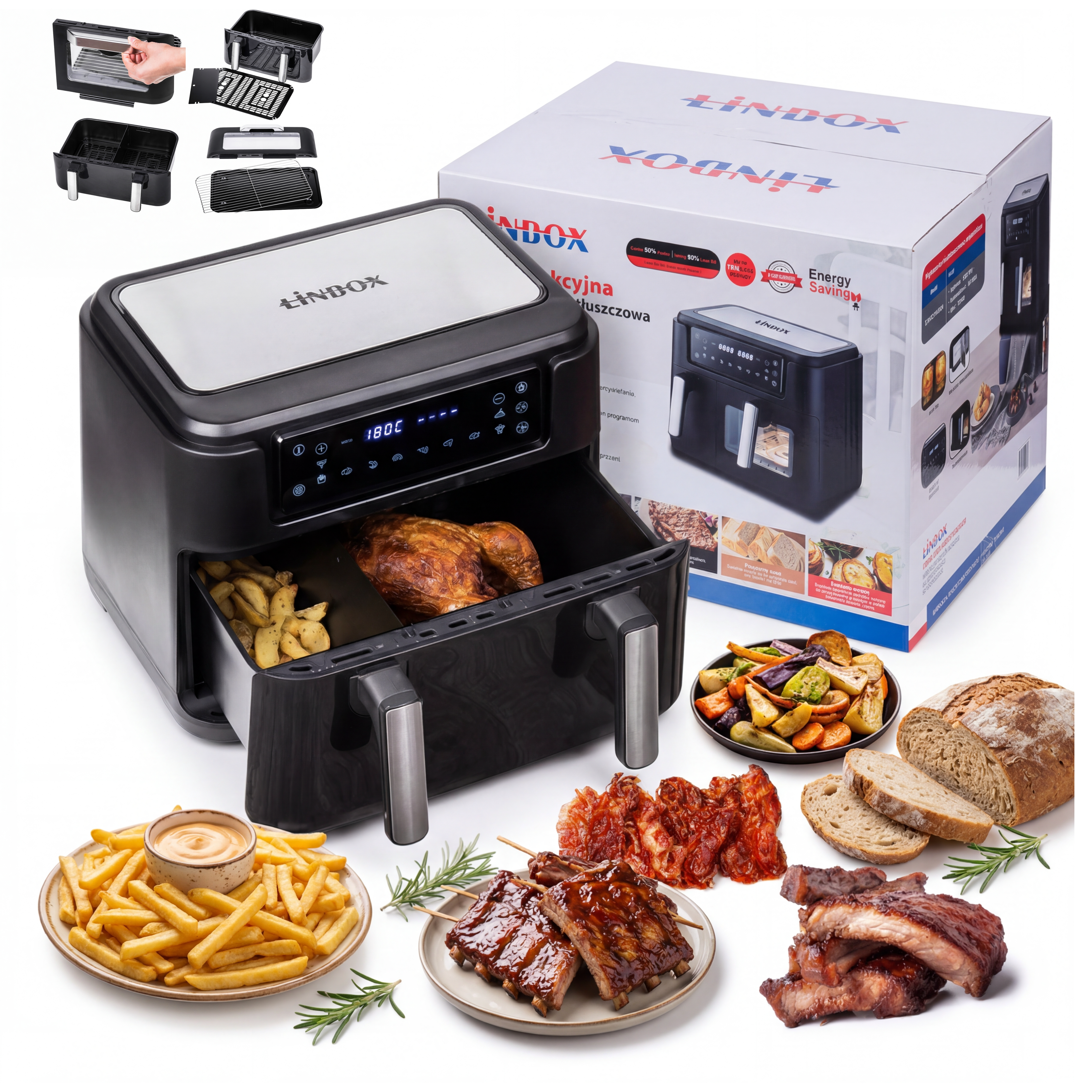 Piekarnik frytkownica beztłuszczowa 2 kosze 8L/2500W 4 urządzenia w 1