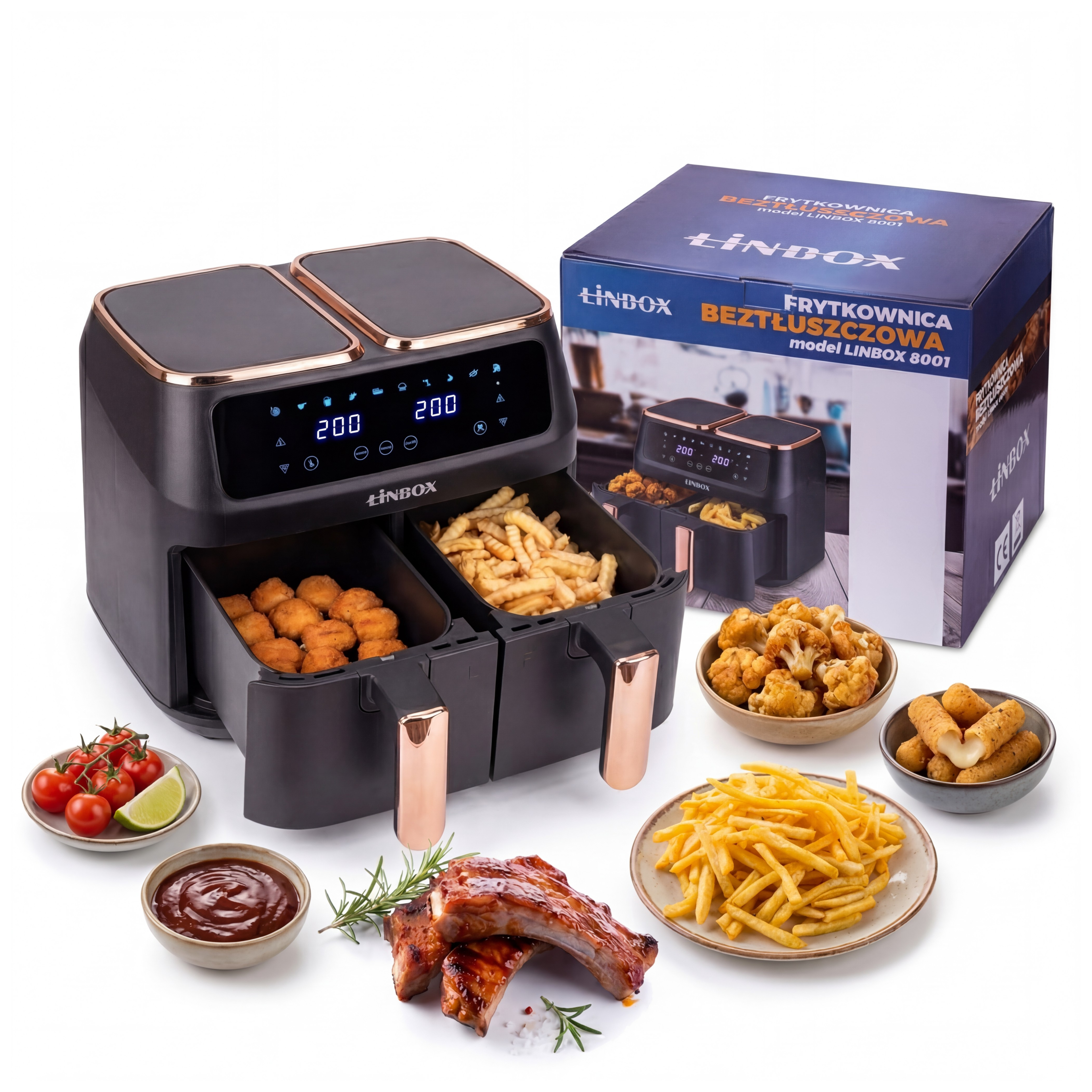 Duża frytkownica beztłuszczowa AIR fryer 2x 4L 2800W na dwa kosze 8L czarna
