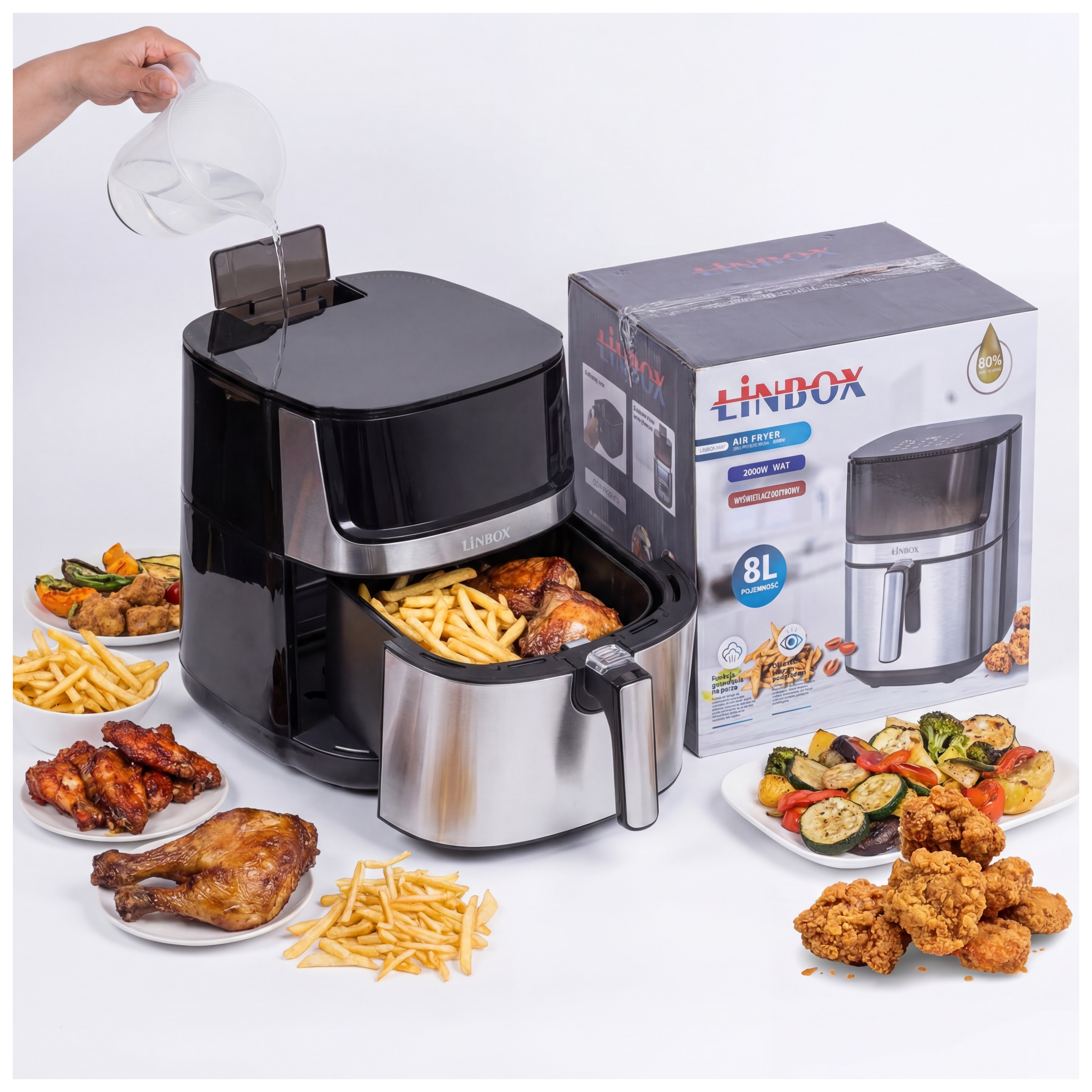 Air Fryer 8L 2000W frytkownica beztłuszczowa z funkcją pary, podwójna grzałka góra dół, okienko z podświetleniem LED, 360° cyrkulacja powietrza, 10 programów, duża pojemność