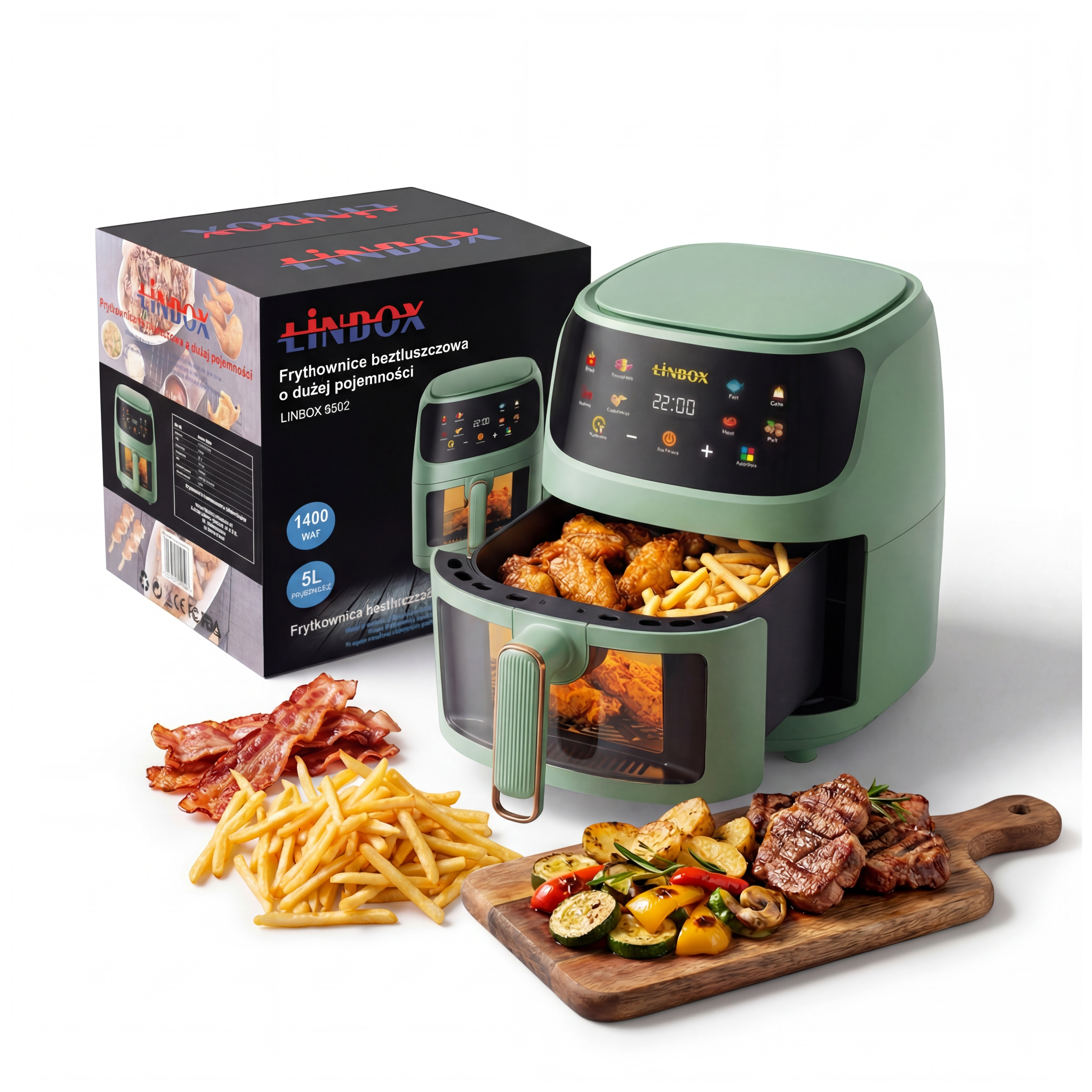 Frytkownica beztłuszczowa AIR fryer 5L/1400W zielona polskie kolorowe MENU podgląd przez okienko