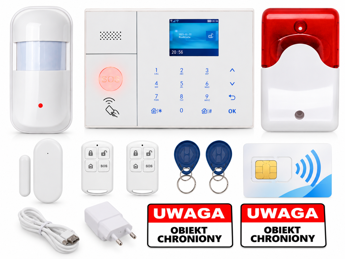 Alarm GSM SL-108 WiFi Tuya – zestaw alarmowy 1 czujka PIR, czujka drzwi, syrena, 2 piloty
