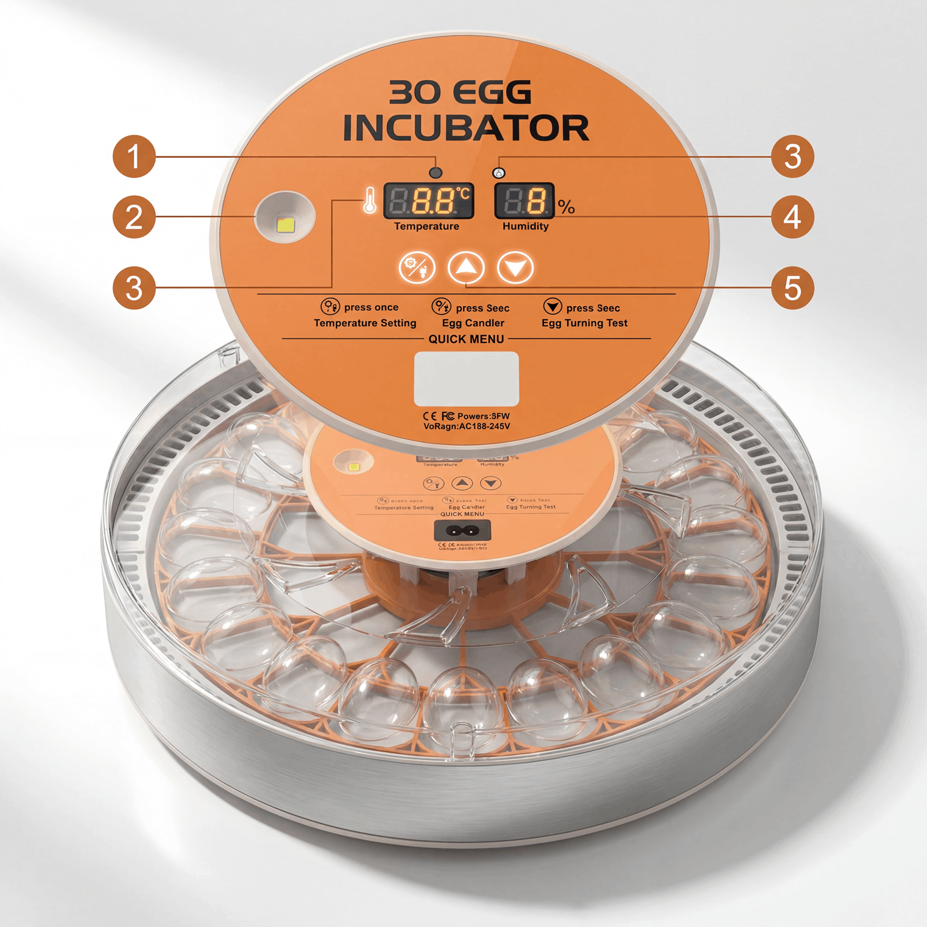 Inkubator do jaj 30 szt. Automatyczne obracanie, LED, regulacja temperatury 37,5-40°C, klujnik do kur, kaczek, przepiórek