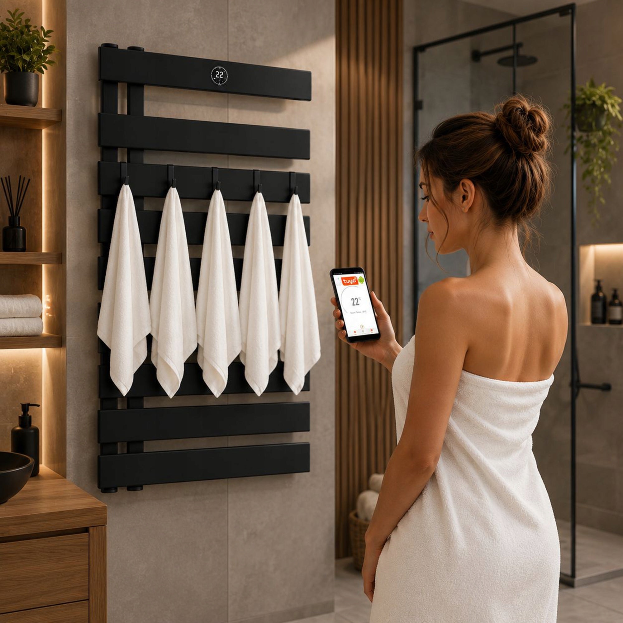 GRZEJNIK ŁAZIENKOWY ELEKTRYCZNY 425W WIFI APP iOS PILOT HACZYKI SUSZARKA